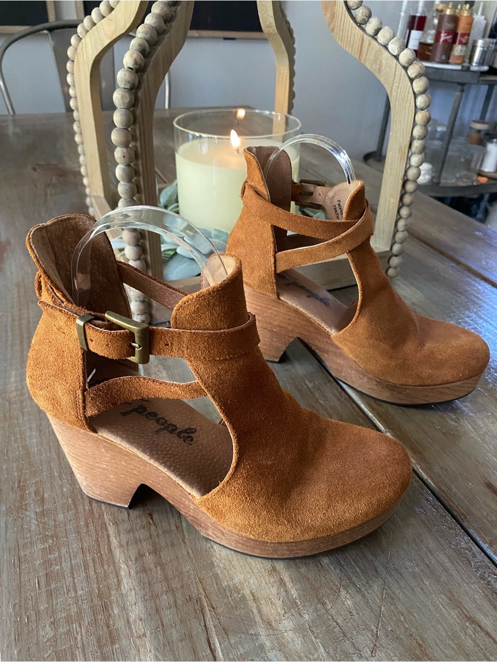 Free People Cedar Clogs Leather Wooden Platform Ankle Boots Womens 36 Tan Brown - Picture 3 of 12